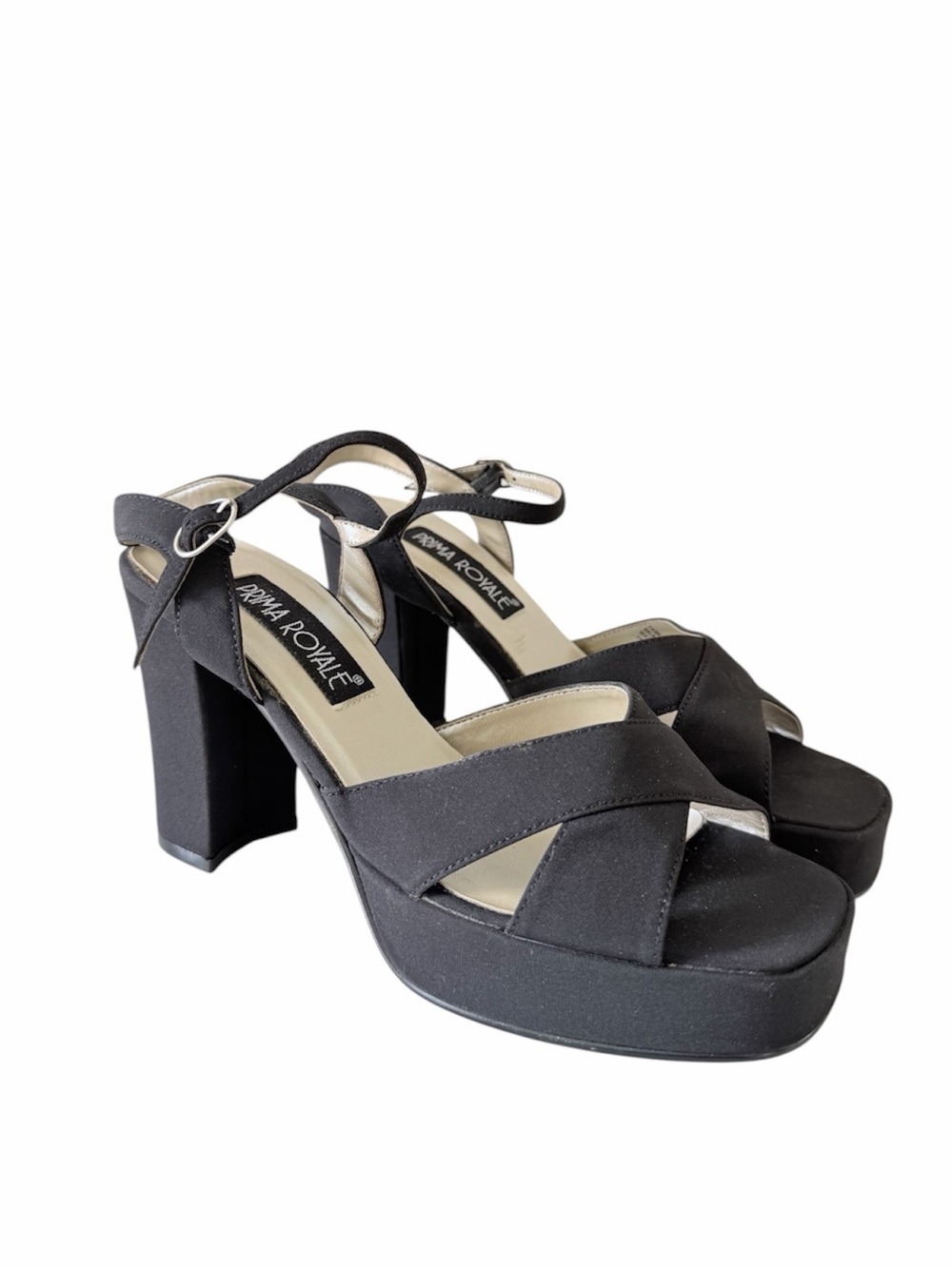 Vintage Prima Royale Black Satin Platform Block Heel Sandals Size 7